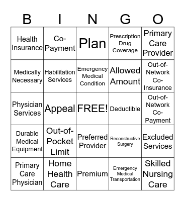 Health Coverage Terms  Bingo Card