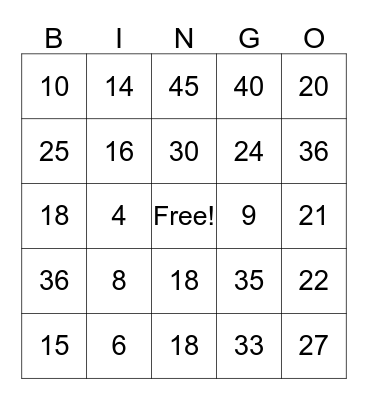 multiplication by 2's, 3's, 5's Bingo Card