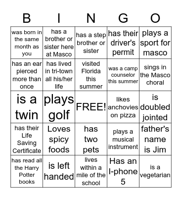 Classmate Bingo Card