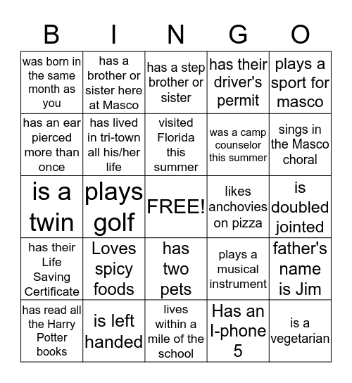 Classmate Bingo Card