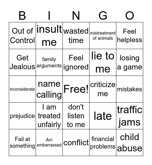 ANGER MANAGEMENT Bingo Card