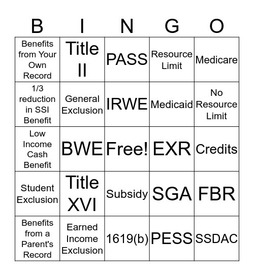Social Security and Work Incentive Bingo Card