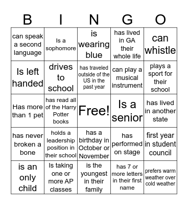 Get To Know You BINGO Card