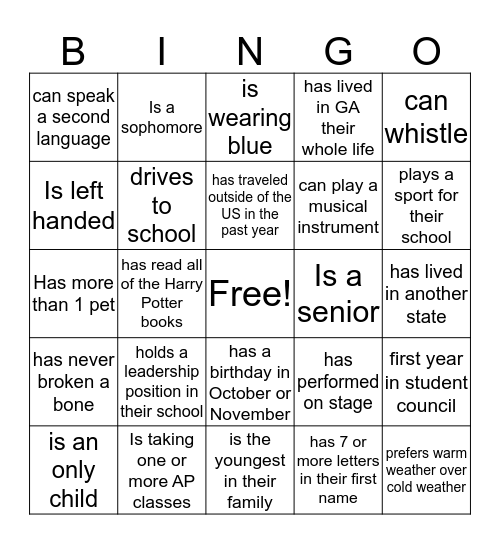 Get To Know You BINGO Card