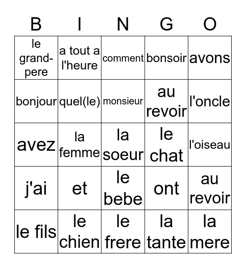 Les Lecons 1 - 3  (Oct. 23, 2017) Bingo Card