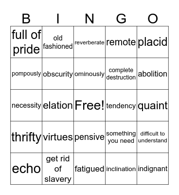 Caddie Woodlawn Vocabulary Bingo Card
