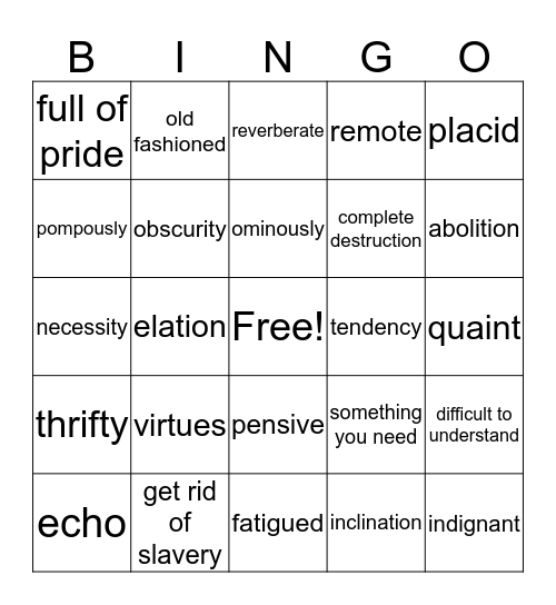 Caddie Woodlawn Vocabulary Bingo Card