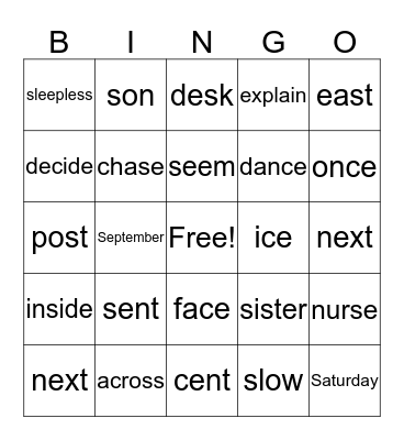 Word Bingo Card