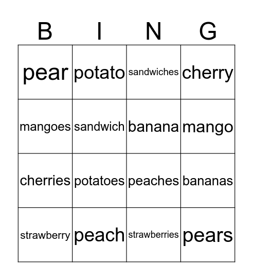 Food Bingo Card