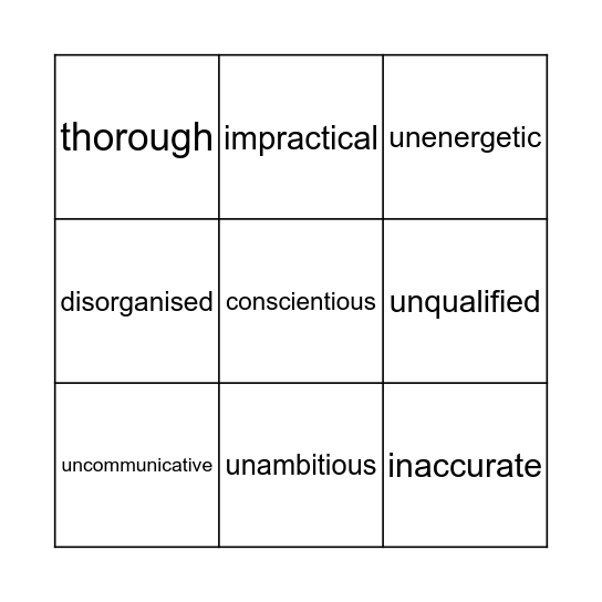 Personal Qualities Bingo Card