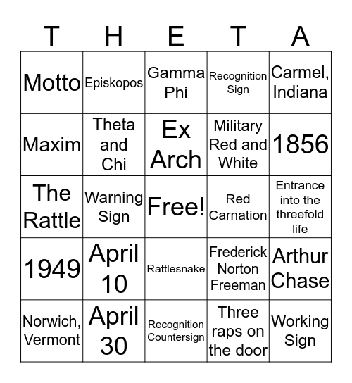 Theta Chi Bingo Card