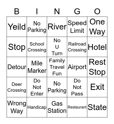 Road Sign Bingo Card