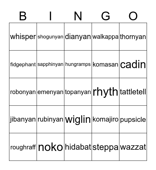 Yo Kai Bingo Card