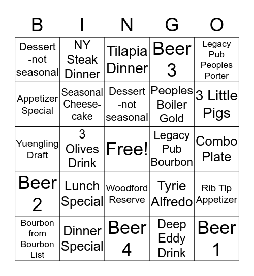 Legacy Pub Bingo Card