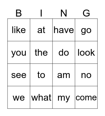 Sight Words Bingo Card