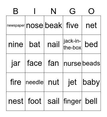 Phonics A  Bingo Card