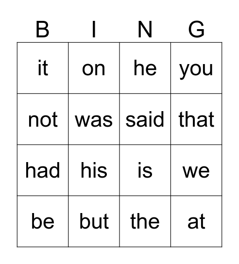 sight words  Bingo Card