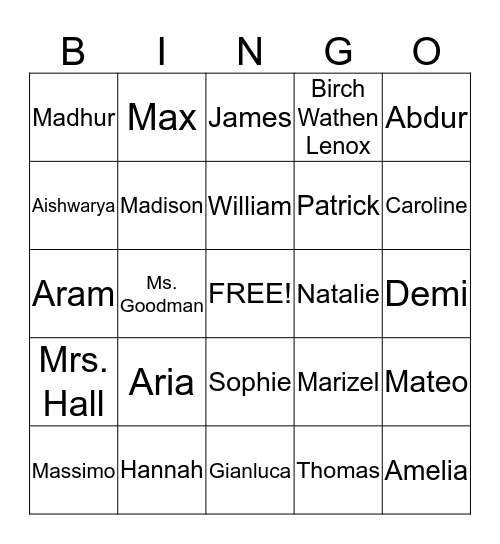 First Grade Bingo Card