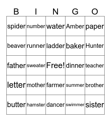 Final /er/ Bingo Card