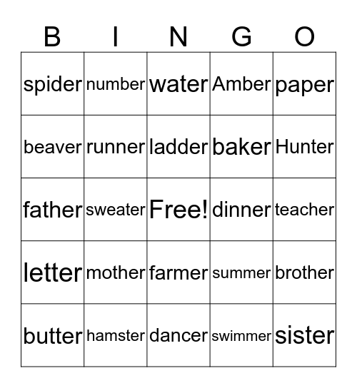 Final /er/ Bingo Card