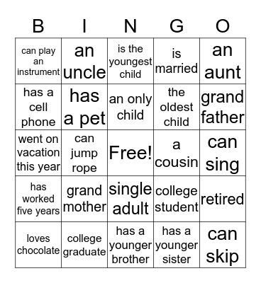 Family Bingo Card