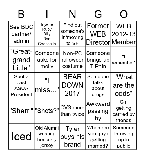 UA 2017 Homecoming BINGO Card