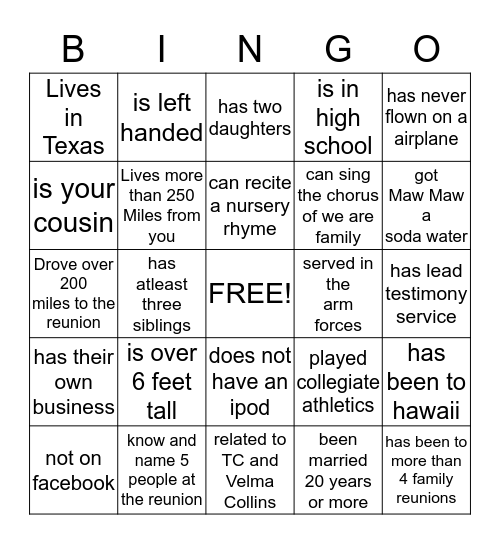 Collins Reunion Bingo Card
