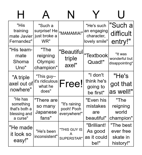 Yuzuru Hanyu Commentary Bingo Card