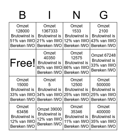 Calculaties Spel Bingo Card