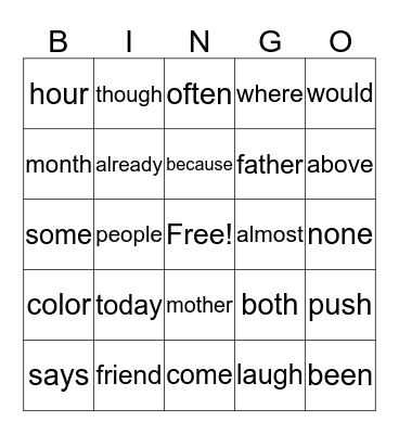 Sight Word BINGO! Bingo Card