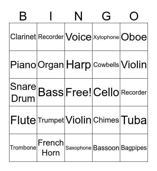 Instrument Bingo Card