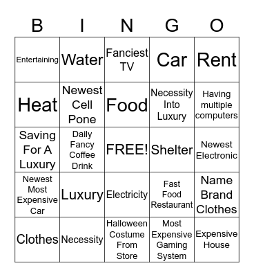 Luxuries vs Necessities Bingo Card