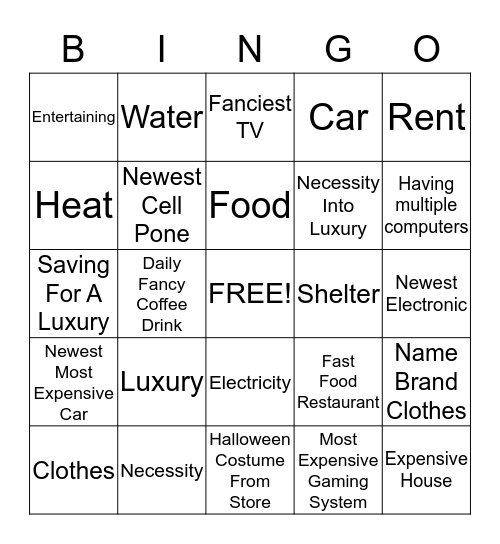 Luxuries vs Necessities Bingo Card