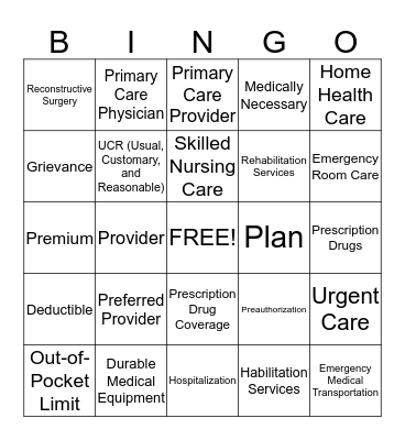 Health Coverage Terms  Bingo Card