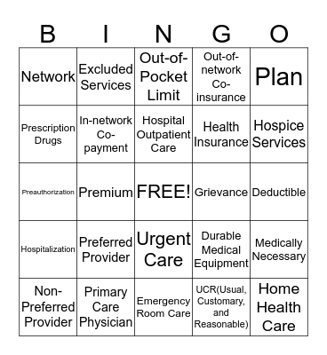 Health Coverage Terms  Bingo Card