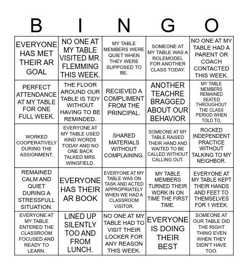 Behavior Bingo 10/23-27 Bingo Card