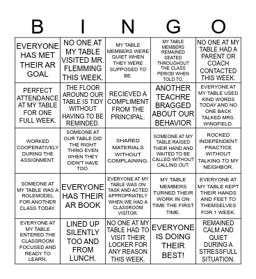 Behavior Bingo 10/23-27 Bingo Card