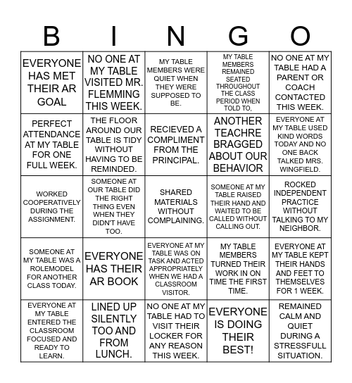 Behavior Bingo 10/23-27 Bingo Card