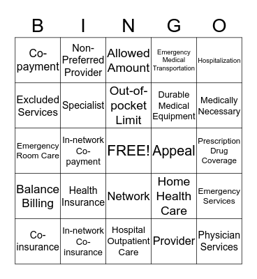 Health Coverage Terms  Bingo Card