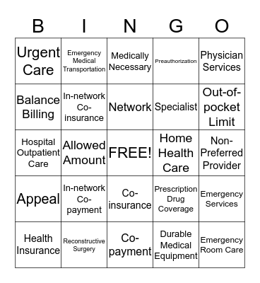 Health Coverage Terms  Bingo Card