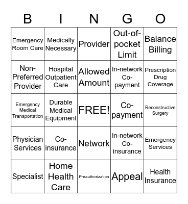 Health Coverage Terms  Bingo Card