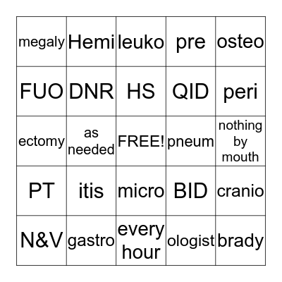 Medical Terminology Bingo Card