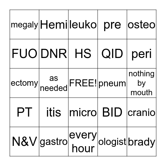 Medical Terminology Bingo Card