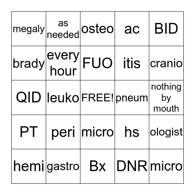 Medical Terminology Bingo Card