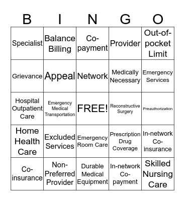 Health Coverage Terms  Bingo Card