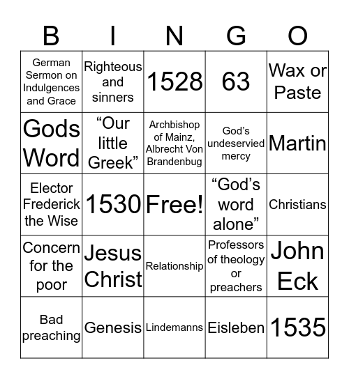 Martin Luther & Reformation Bingo Card