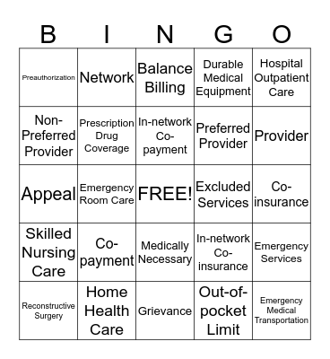 Health Coverage Terms  Bingo Card