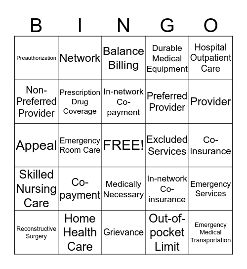 Health Coverage Terms  Bingo Card
