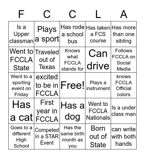 FCCLA FALL Leadership  Bingo Card