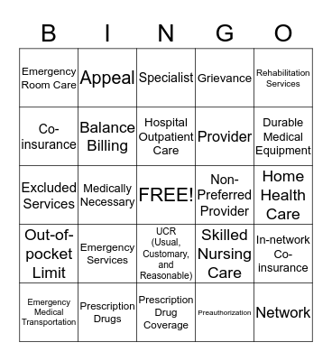 Health Coverage Terms  Bingo Card